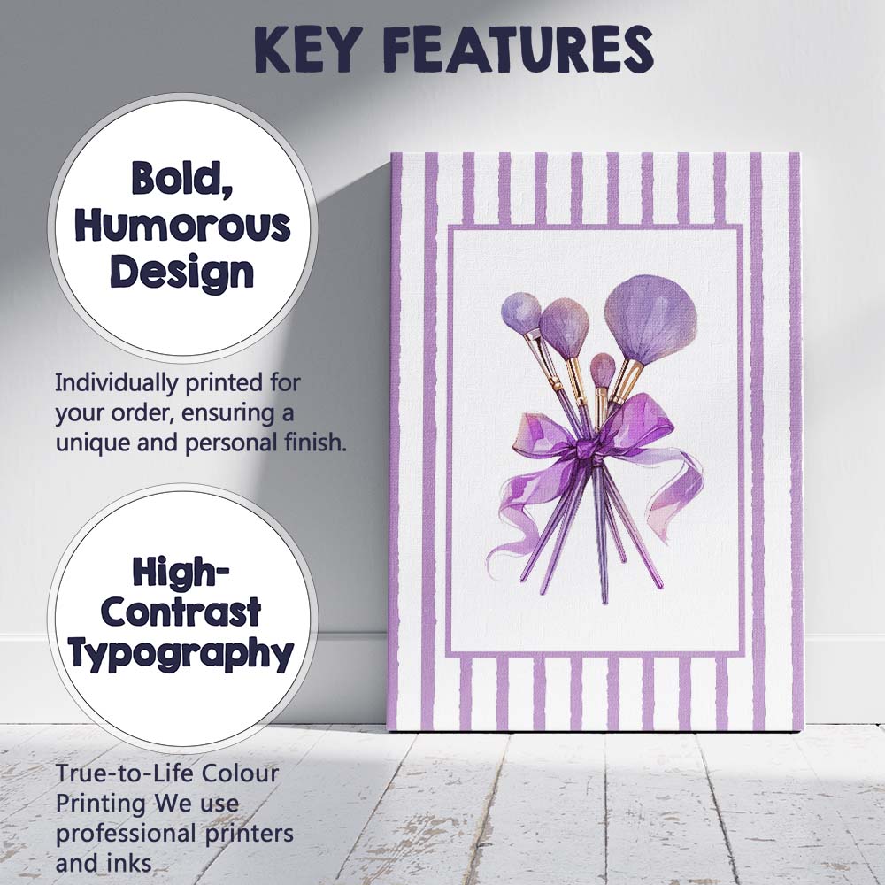 Lavender Makeup Brushes With Ribbon Coquette Illustration Canvas Wall Art Print Decor Picture Ready to Hang