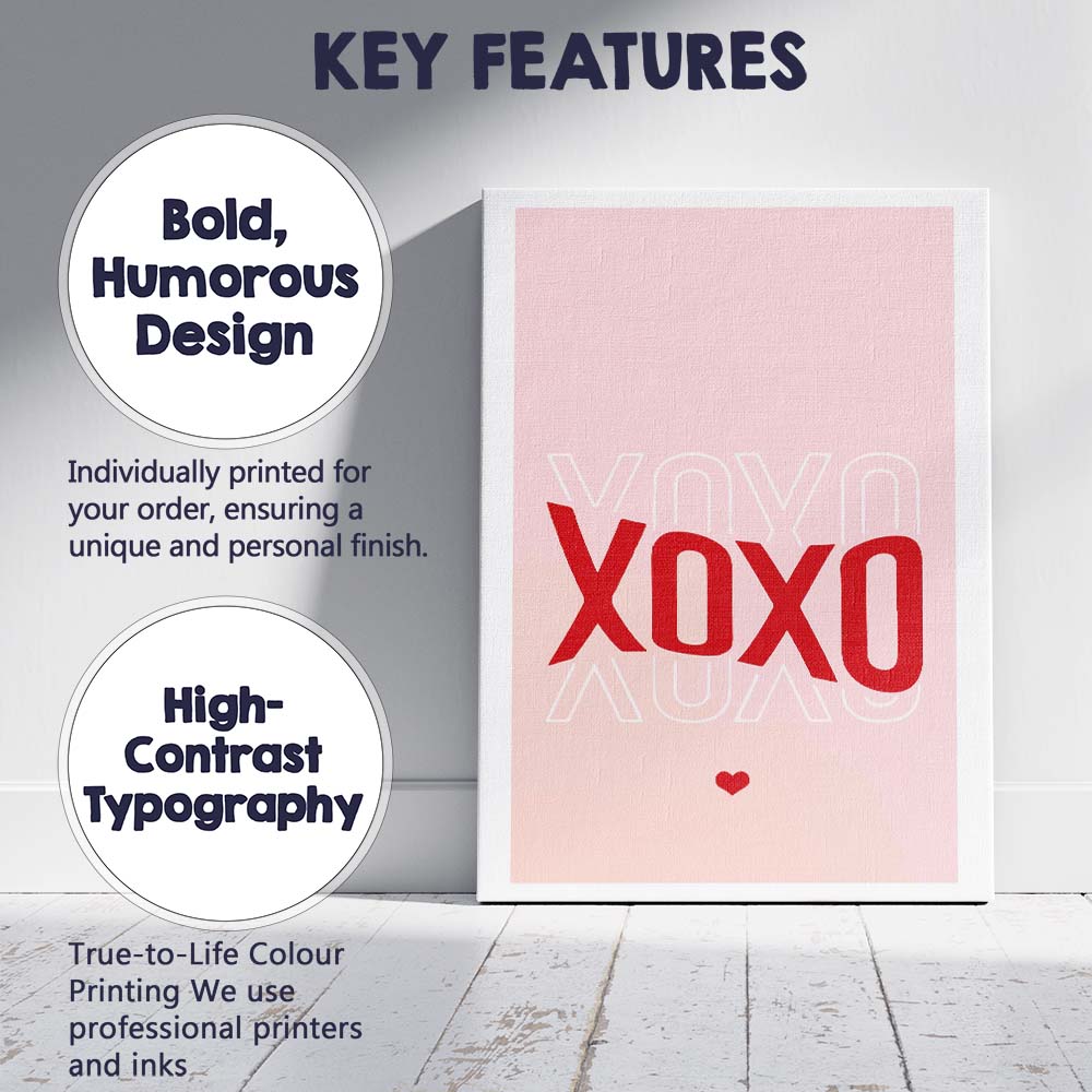 Pink XOXO Valentine Typography Minimalist Canvas Wall Art Print Decor Picture Ready to Hang