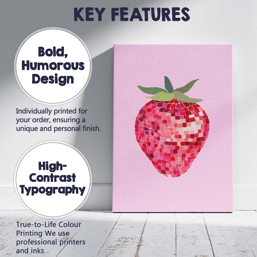 Pink Mosaic Strawberry Modern Fruit Illustration Canvas Wall Art Print Decor Picture Ready to Hang
