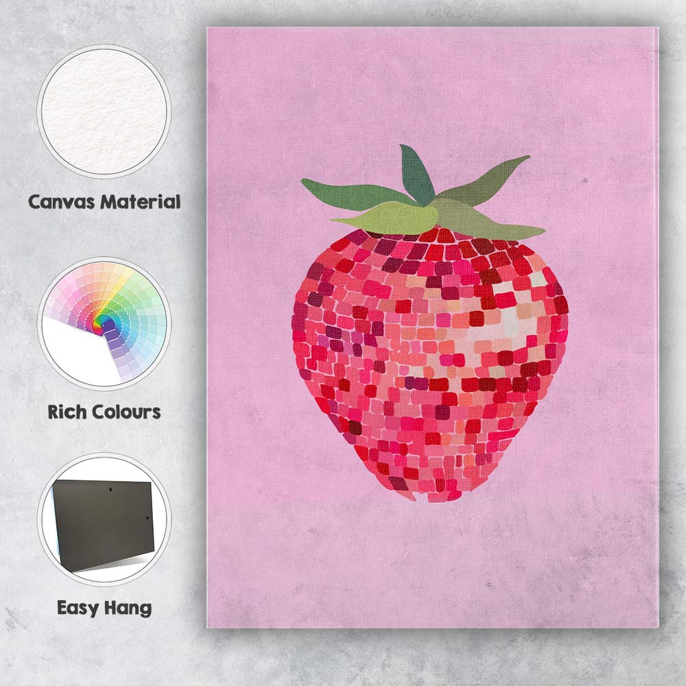 Pink Mosaic Strawberry Modern Fruit Illustration Canvas Wall Art Print Decor Picture Ready to Hang