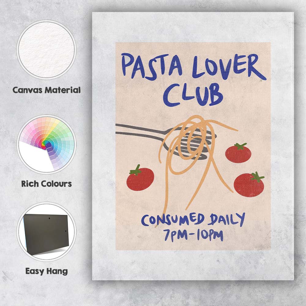 Pasta Lover Club Spaghetti Tomato Kitchen Illustration Canvas Wall Art Print Decor Picture Ready to Hang