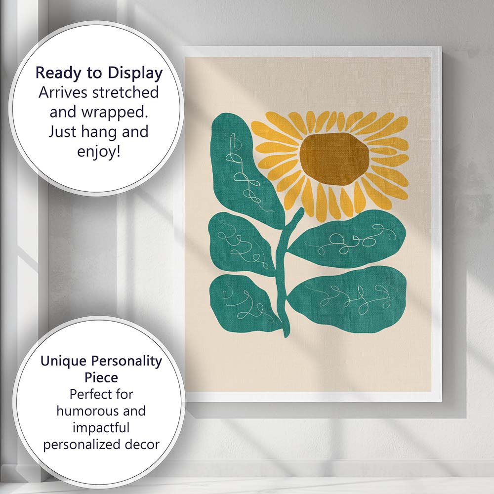 Modern Botanical Sunflower Folk Art Illustration Canvas Wall Art Print Decor Picture Ready to Hang