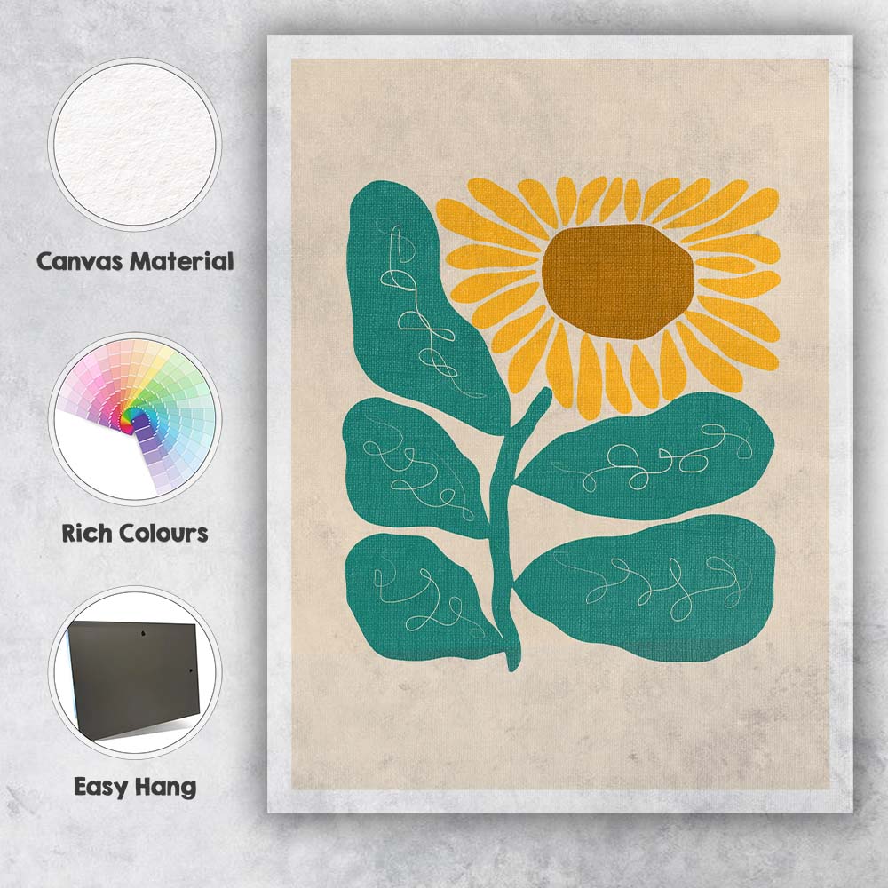 Modern Botanical Sunflower Folk Art Illustration Canvas Wall Art Print Decor Picture Ready to Hang