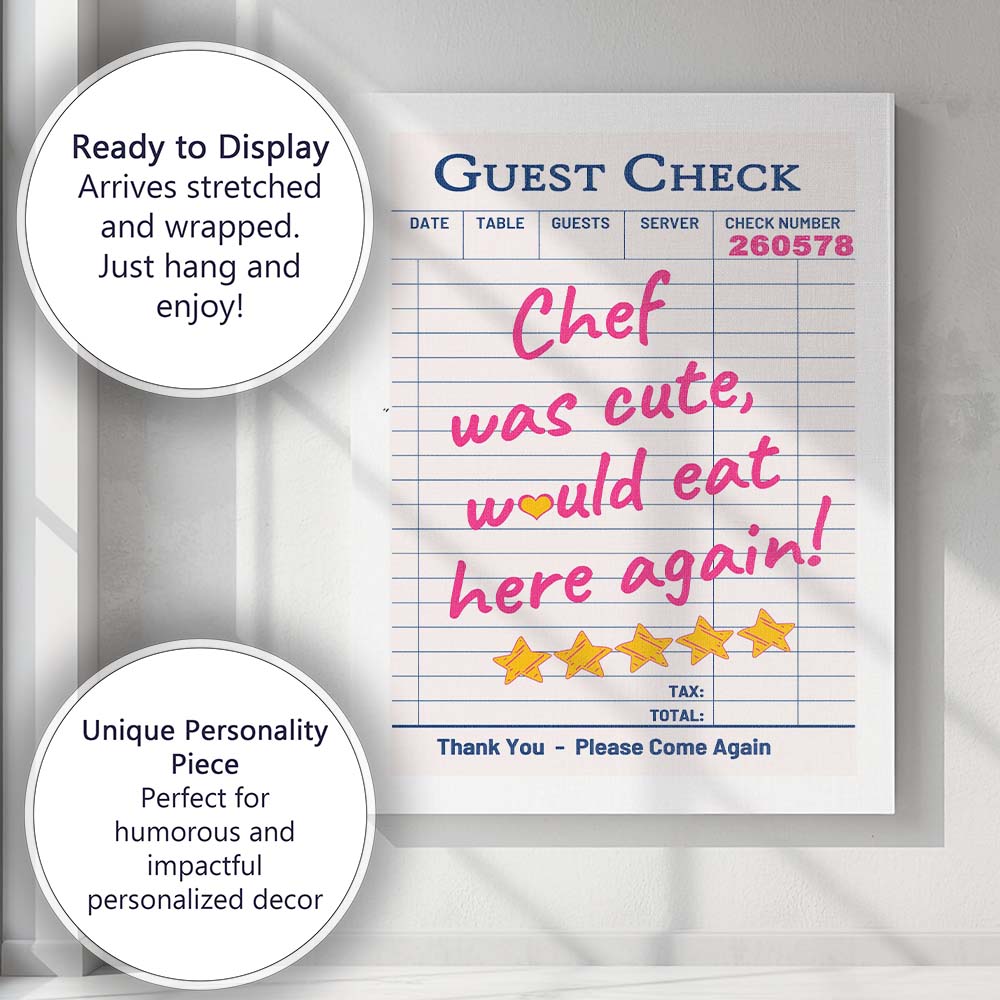 Guest Check Restaurant Review Typography Pink Retro Poster Canvas Wall Art Print Decor Picture Ready to Hang