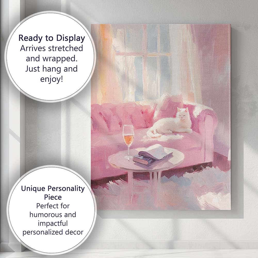 Cosy Pink Living Room White Cat Oil Painting Canvas Wall Art Print Decor Picture Ready to Hang