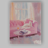 Cosy Pink Living Room White Cat Oil Painting Canvas Wall Art Print Decor Picture Ready to Hang