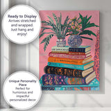 Colourful Stacked Books Floral Vase Still Life Painting Canvas Wall Art Print Decor Picture Ready to Hang