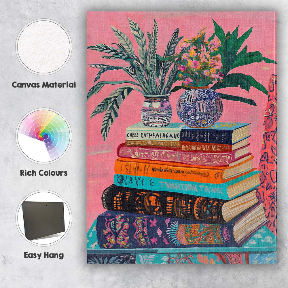 Colourful Stacked Books Floral Vase Still Life Painting Canvas Wall Art Print Decor Picture Ready to Hang