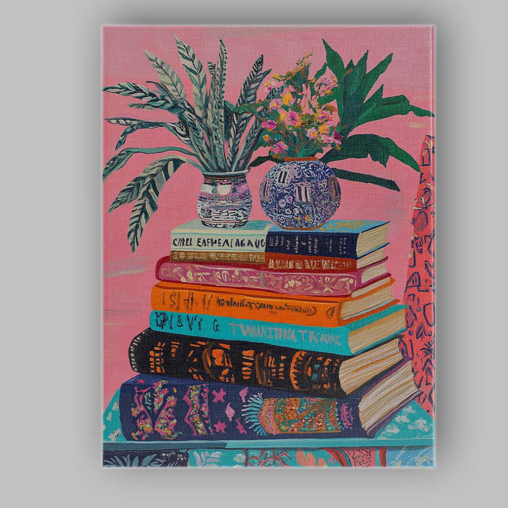 Colourful Stacked Books Floral Vase Still Life Painting Canvas Wall Art Print Decor Picture Ready to Hang