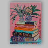 Colourful Stacked Books Floral Vase Still Life Painting Canvas Wall Art Print Decor Picture Ready to Hang