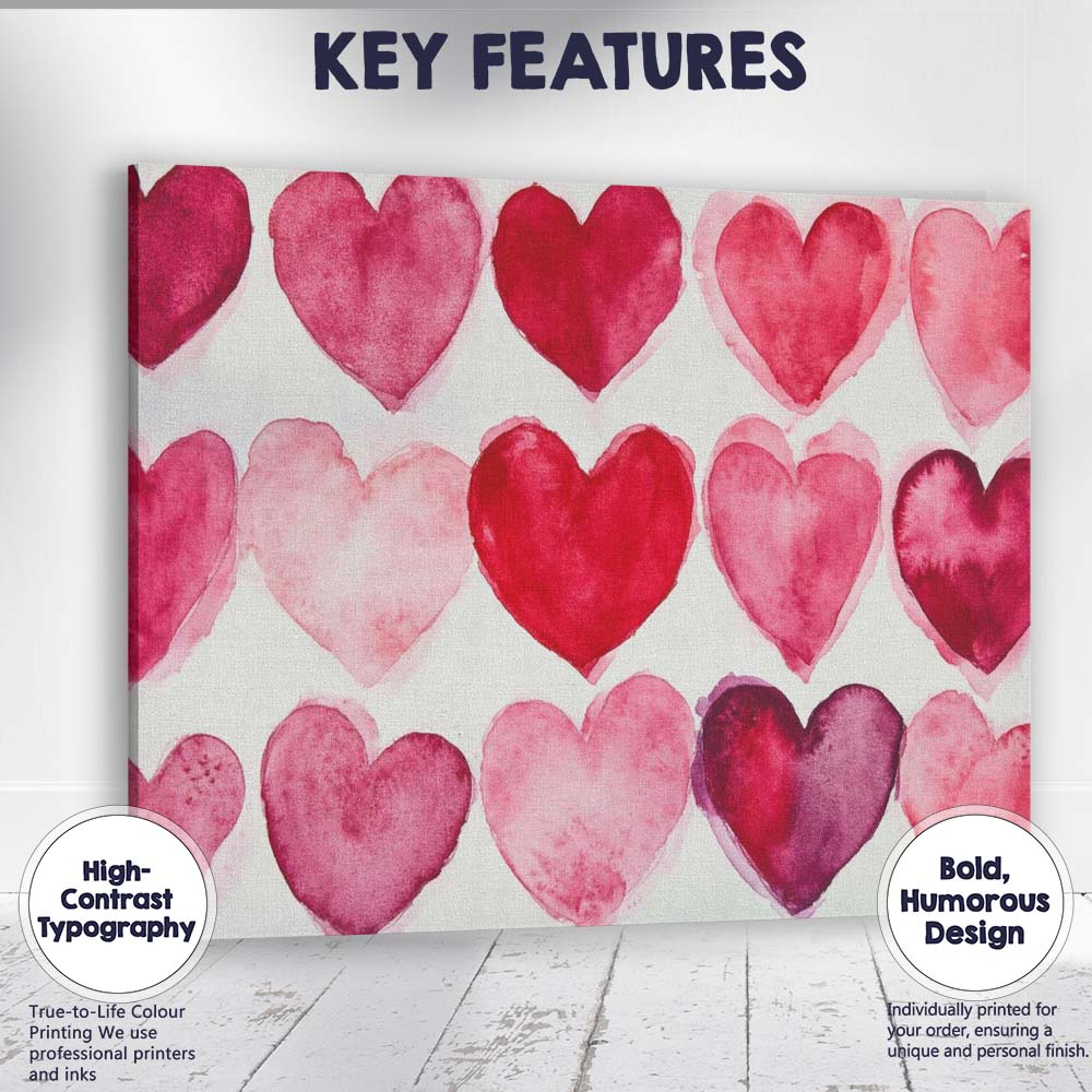 Watercolour Pink Red Heart Repeat Pattern Canvas Wall Art Print Decor Picture Ready to Hang