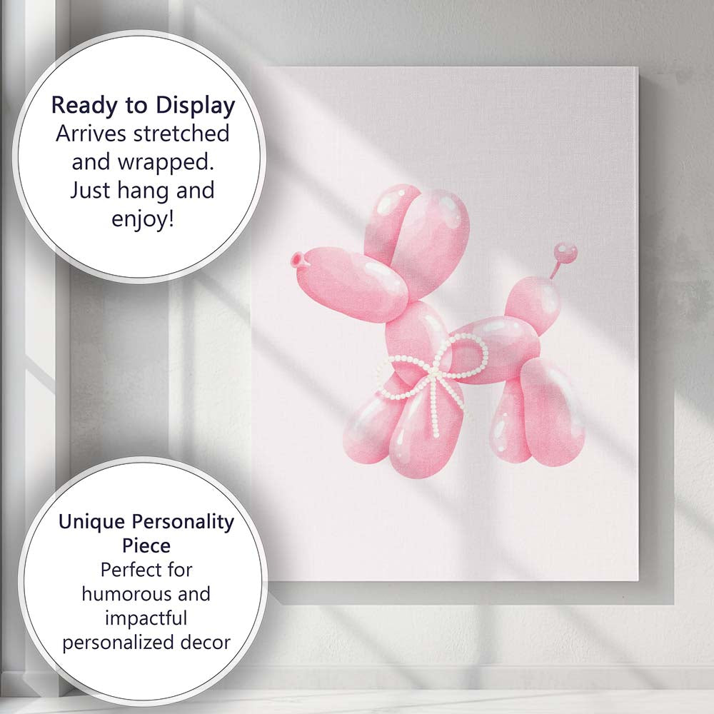 Cute Pink Balloon Dog With Pearl Bow Canvas Wall Art Print Decor Picture Ready to Hang