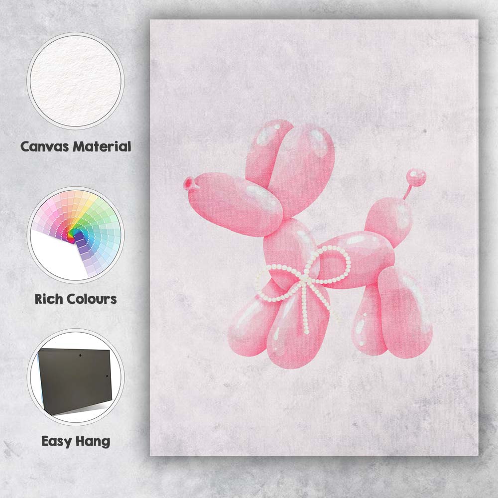 Cute Pink Balloon Dog With Pearl Bow Canvas Wall Art Print Decor Picture Ready to Hang