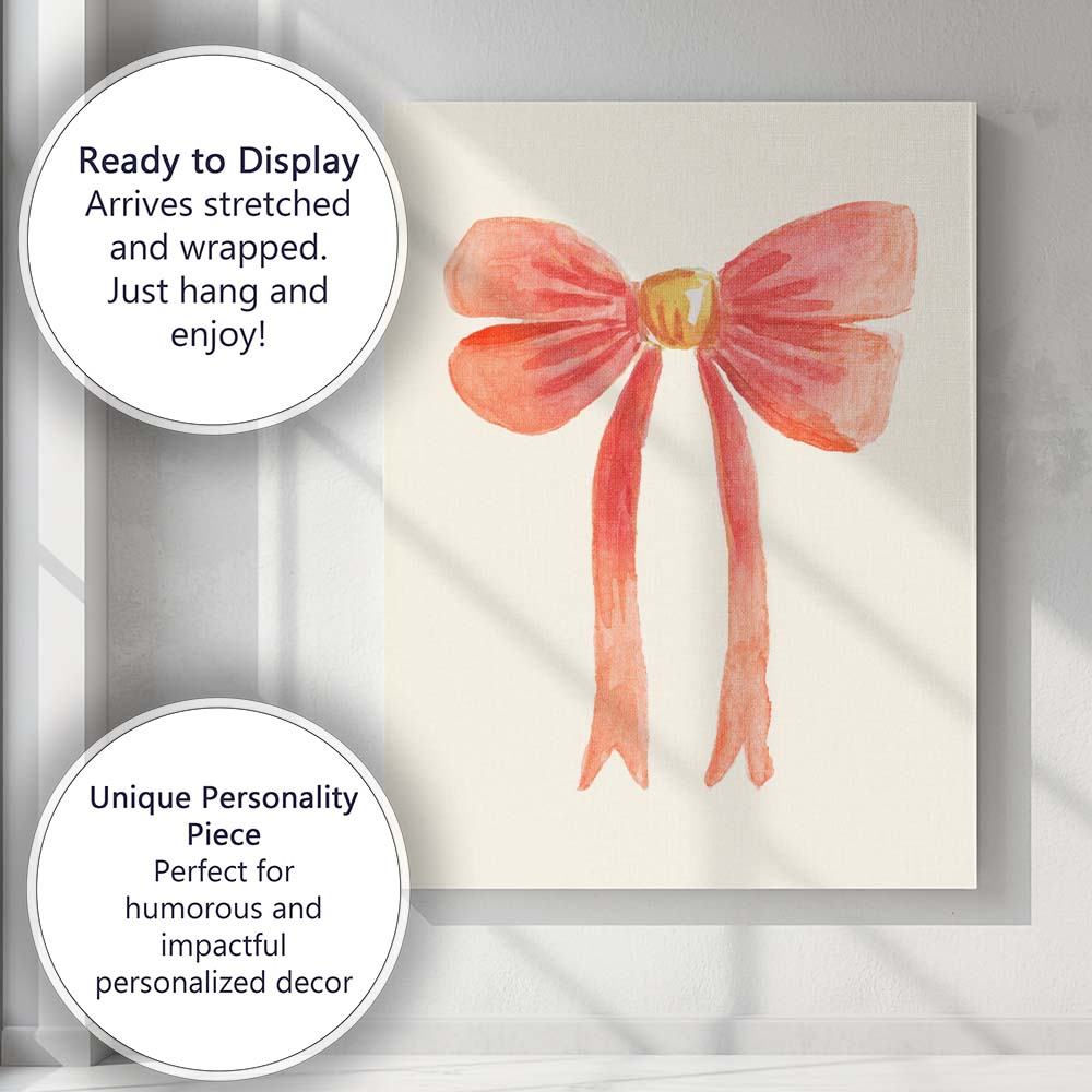 Watercolour Coral Pink Ribbon Bow Illustration Canvas Wall Art Print Decor Picture Ready to Hang