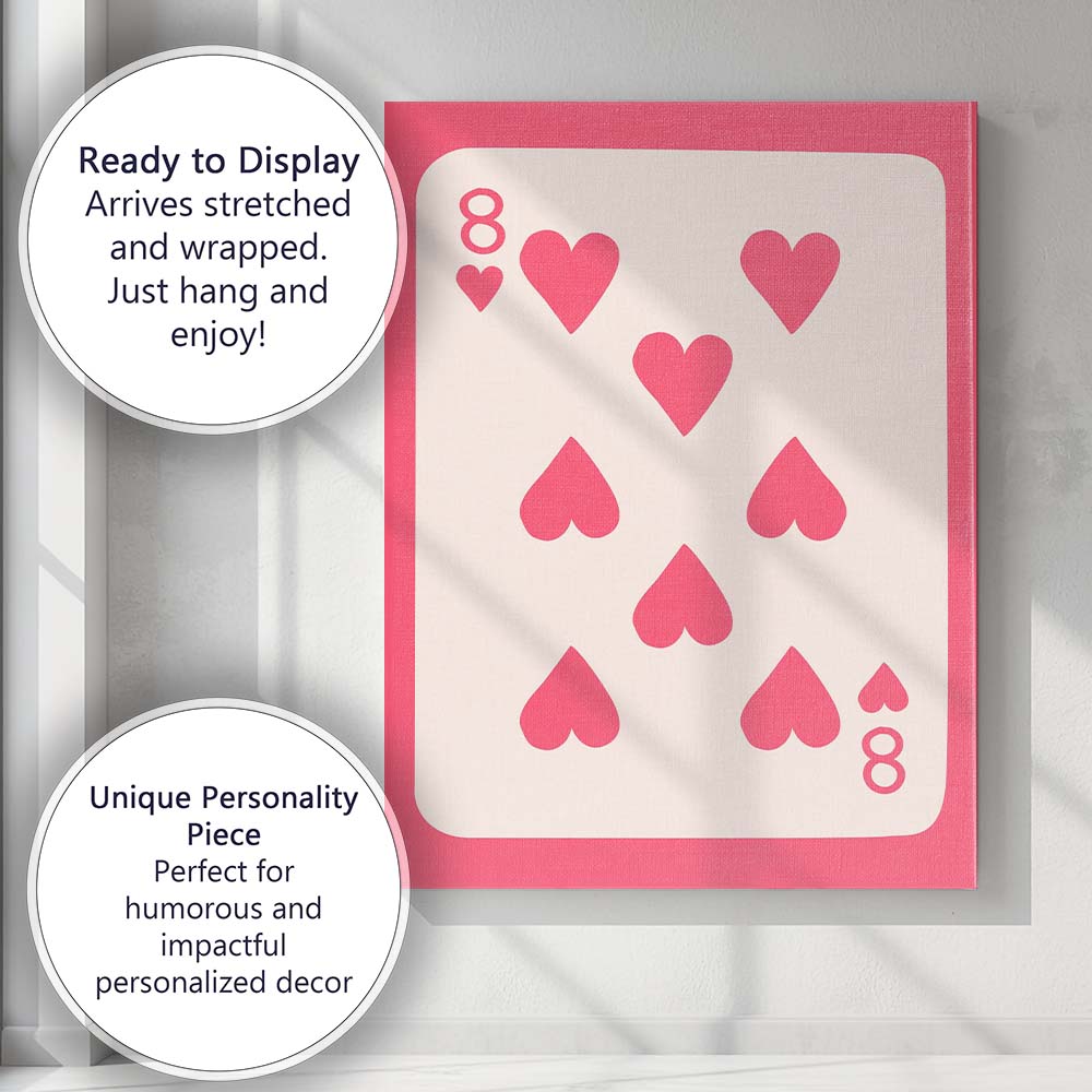 Minimalist Eight of Hearts Playing Card Pink Aesthetic Canvas Wall Art Print Decor Picture Ready to Hang
