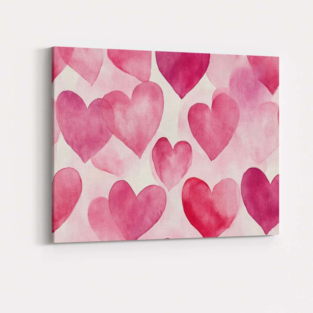 Watercolour Pink Heart Repeat Pattern Canvas Wall Art Print Decor Picture Ready to Hang