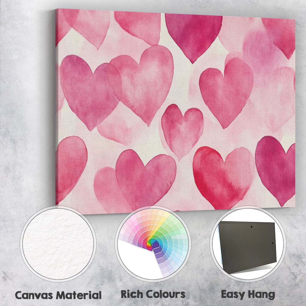 Watercolour Pink Heart Repeat Pattern Canvas Wall Art Print Decor Picture Ready to Hang