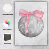 Silver Disco Ball With Pink Ribbon Bow Canvas Wall Art Print Decor Picture Ready to Hang