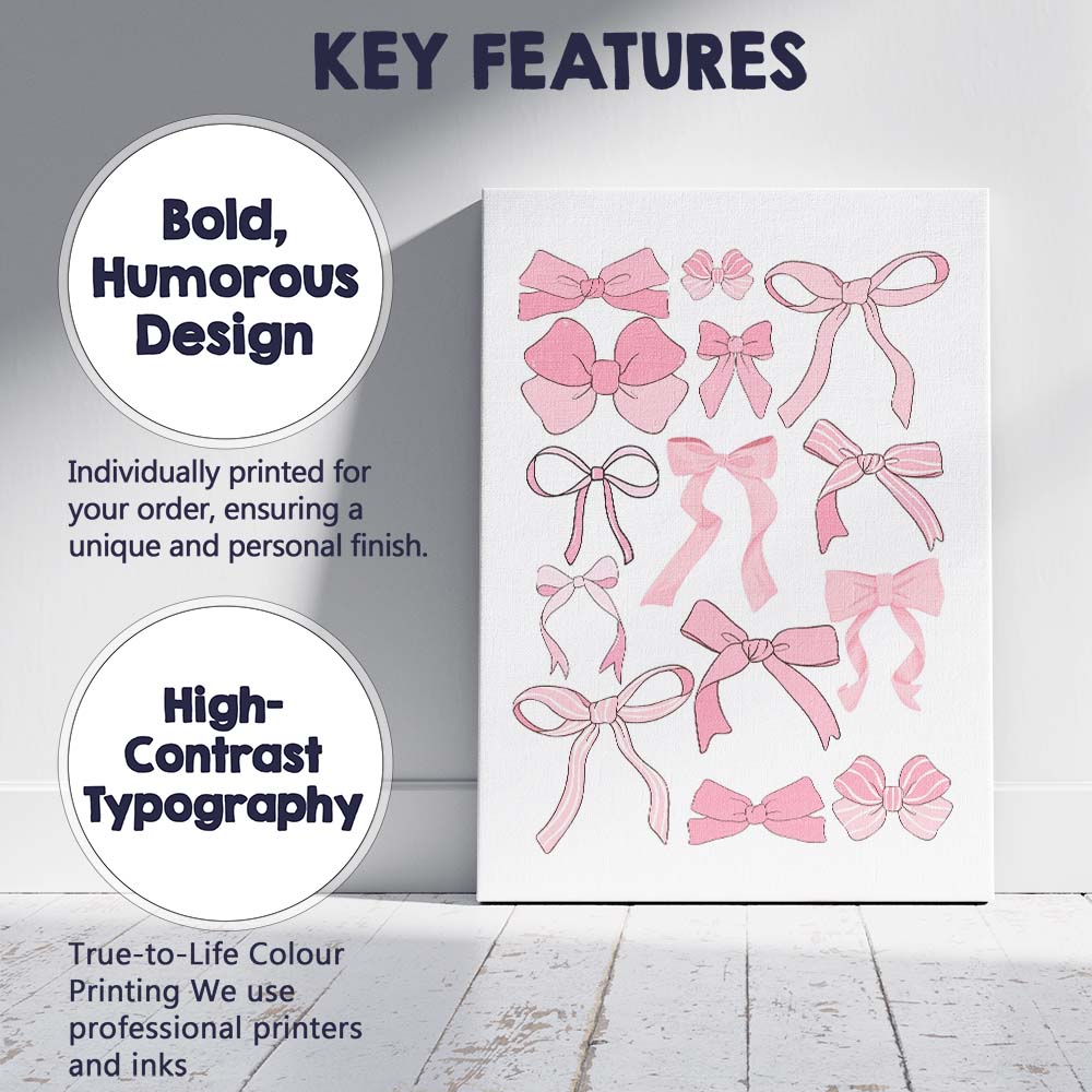 Cute Pink Ribbon Bow Collection Illustration Canvas Wall Art Print Decor Picture Ready to Hang