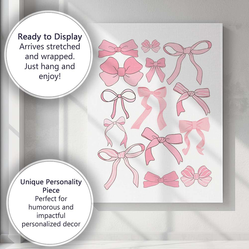 Cute Pink Ribbon Bow Collection Illustration Canvas Wall Art Print Decor Picture Ready to Hang