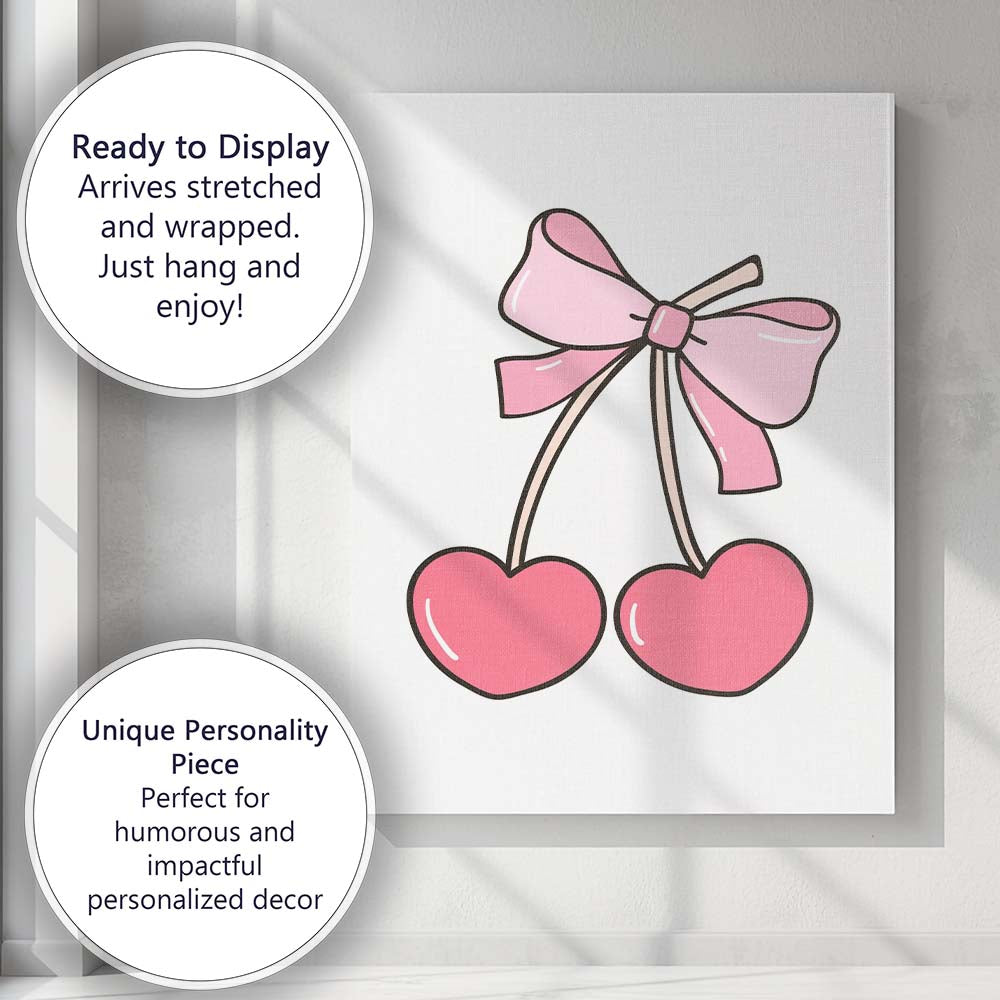 Cute Pink Cherry With Ribbon Bow Illustration Canvas Wall Art Print Decor Picture Ready to Hang