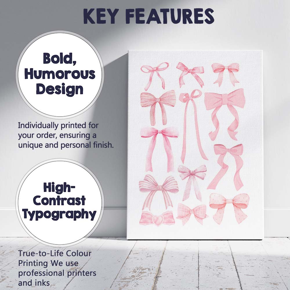 Watercolour Pink Ribbon Bow Collection Illustration Canvas Wall Art Print Decor Picture Ready to Hang