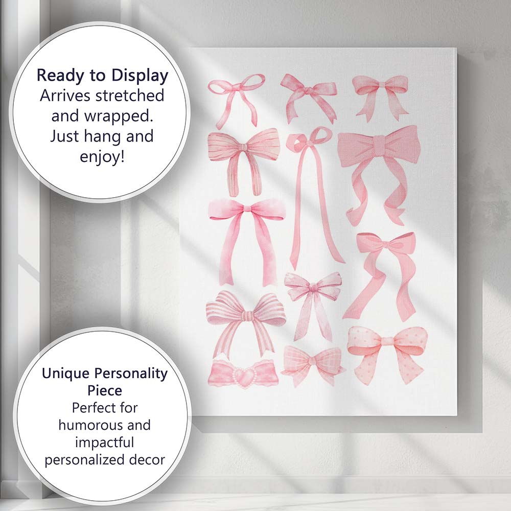 Watercolour Pink Ribbon Bow Collection Illustration Canvas Wall Art Print Decor Picture Ready to Hang