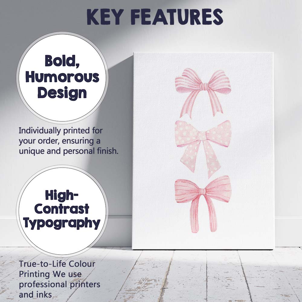 Watercolour Pink Decorative Ribbon Bow Trio Canvas Wall Art Print Decor Picture Ready to Hang