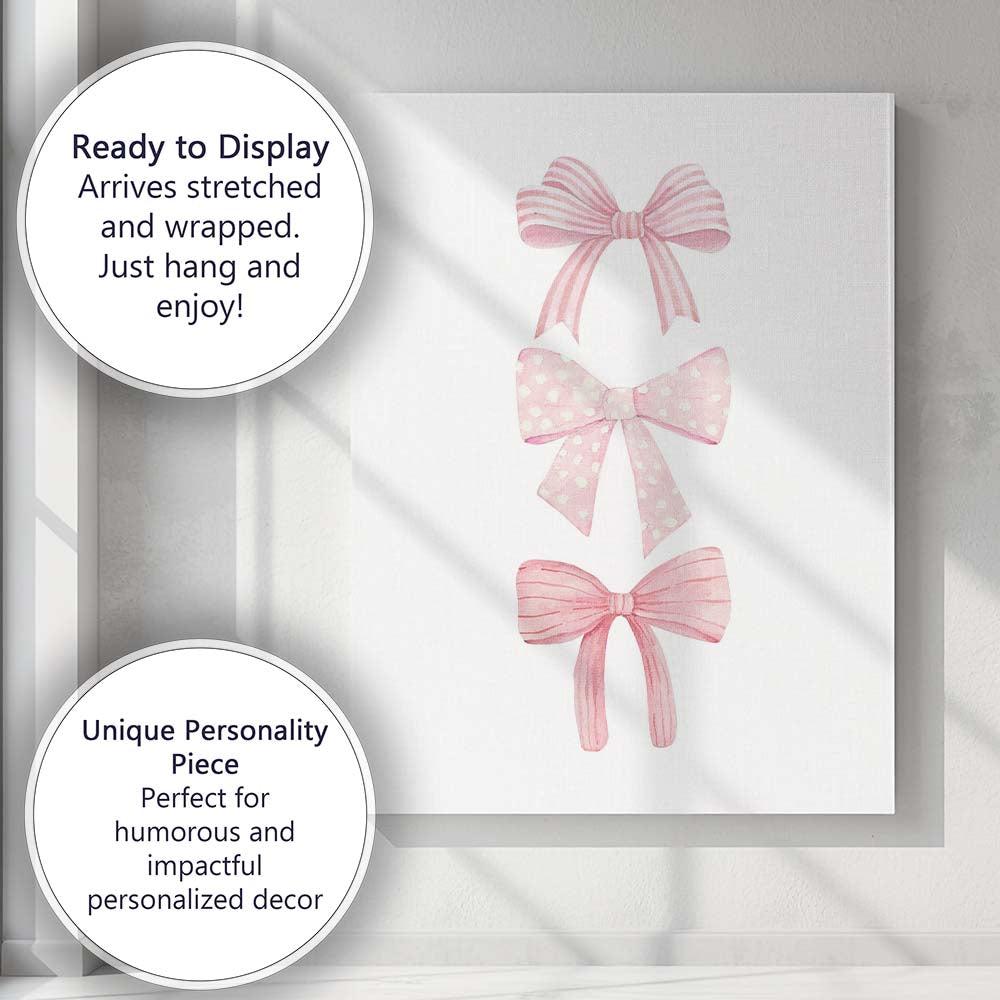 Watercolour Pink Decorative Ribbon Bow Trio Canvas Wall Art Print Decor Picture Ready to Hang