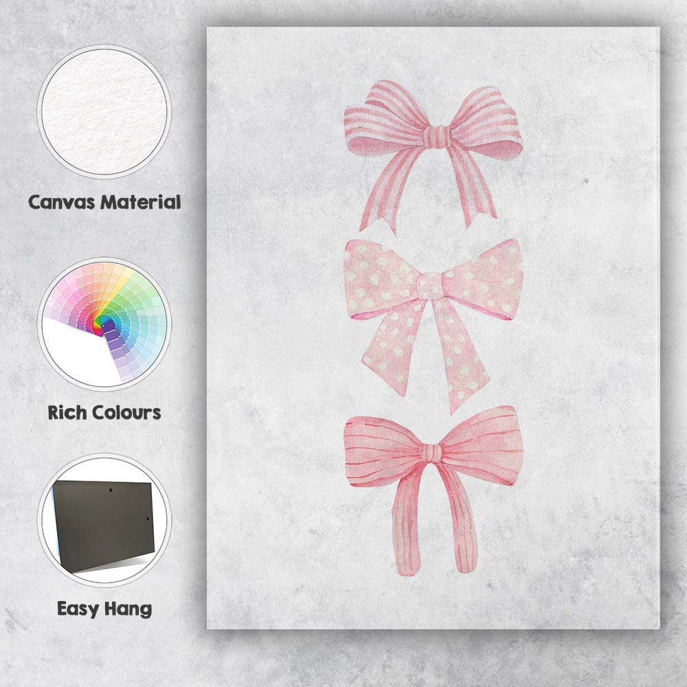 Watercolour Pink Decorative Ribbon Bow Trio Canvas Wall Art Print Decor Picture Ready to Hang