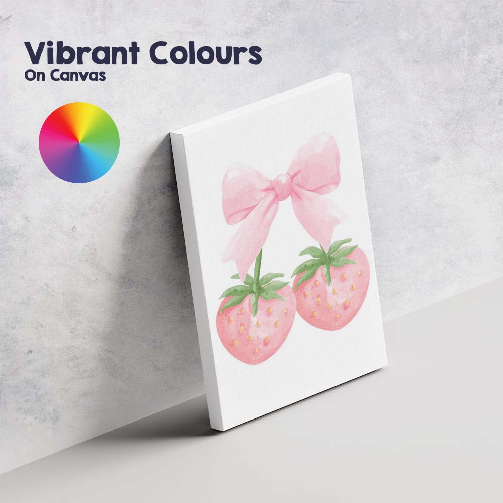 Watercolour Pink Strawberries With Oversized Ribbon Bow Canvas Wall Art Print Decor Picture Ready to Hang