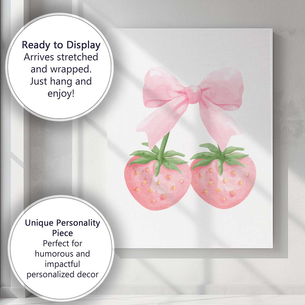 Watercolour Pink Strawberries With Oversized Ribbon Bow Canvas Wall Art Print Decor Picture Ready to Hang
