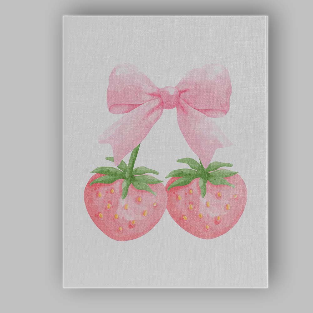 Watercolour Pink Strawberries With Oversized Ribbon Bow Canvas Wall Art Print Decor Picture Ready to Hang