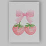 Watercolour Pink Strawberries With Oversized Ribbon Bow Canvas Wall Art Print Decor Picture Ready to Hang