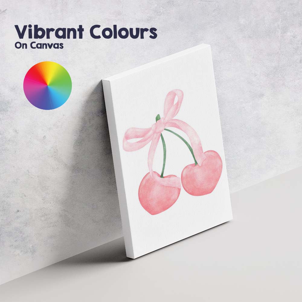 Watercolour Pink Cherries With Ribbon Bow Illustration Canvas Wall Art Print Decor Picture Ready to Hang