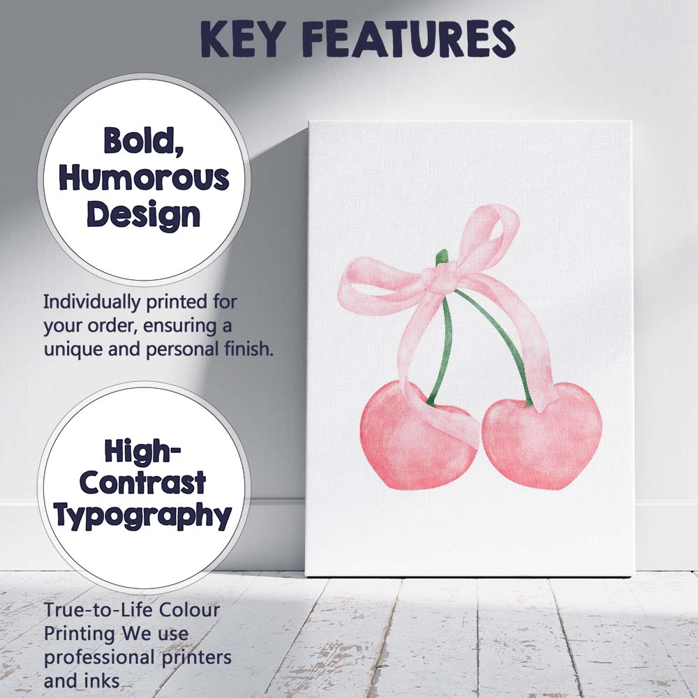 Watercolour Pink Cherries With Ribbon Bow Illustration Canvas Wall Art Print Decor Picture Ready to Hang
