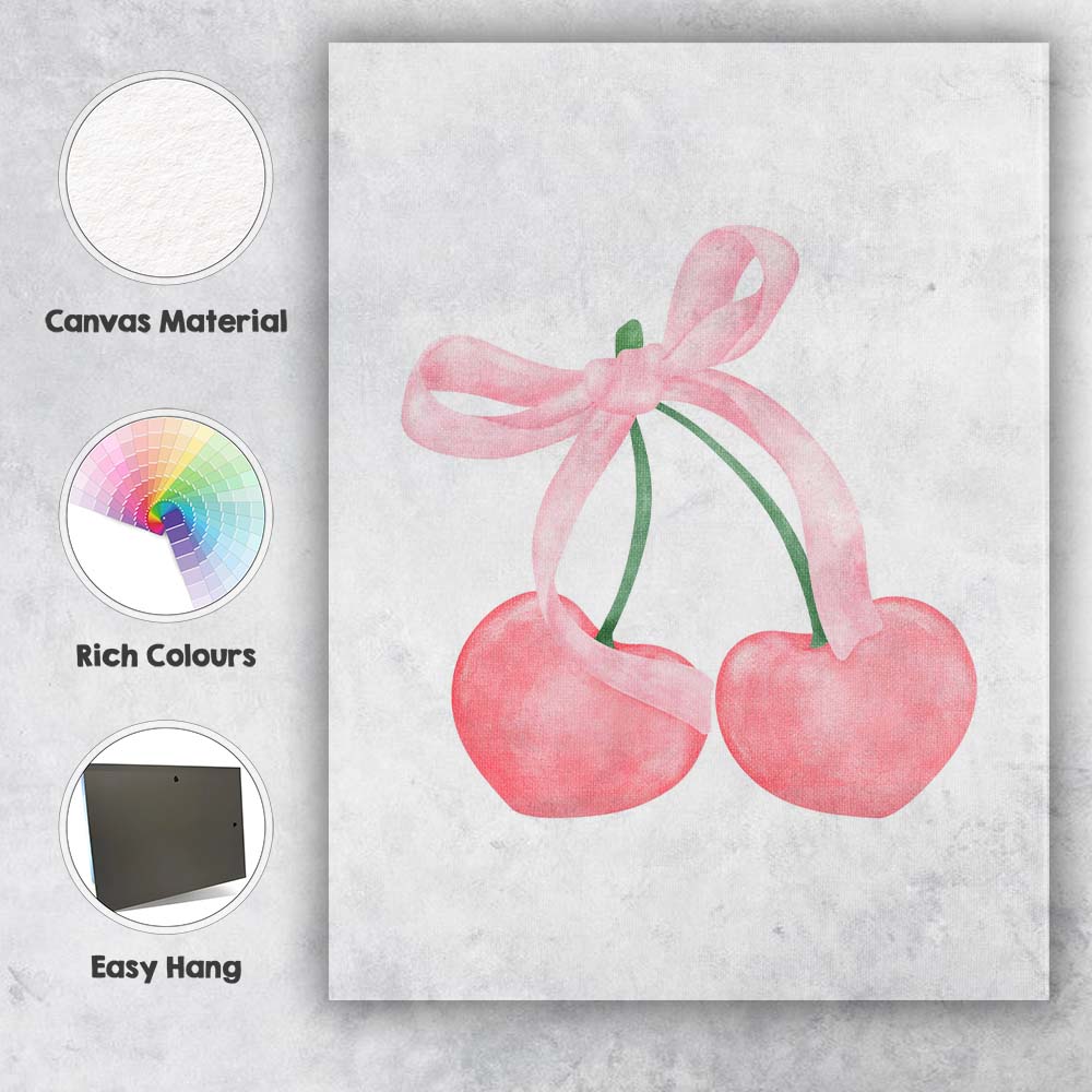 Watercolour Pink Cherries With Ribbon Bow Illustration Canvas Wall Art Print Decor Picture Ready to Hang