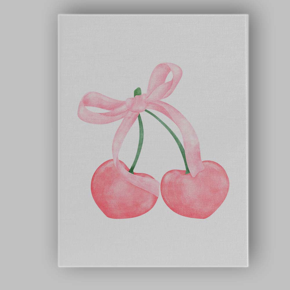 Watercolour Pink Cherries With Ribbon Bow Illustration Canvas Wall Art Print Decor Picture Ready to Hang
