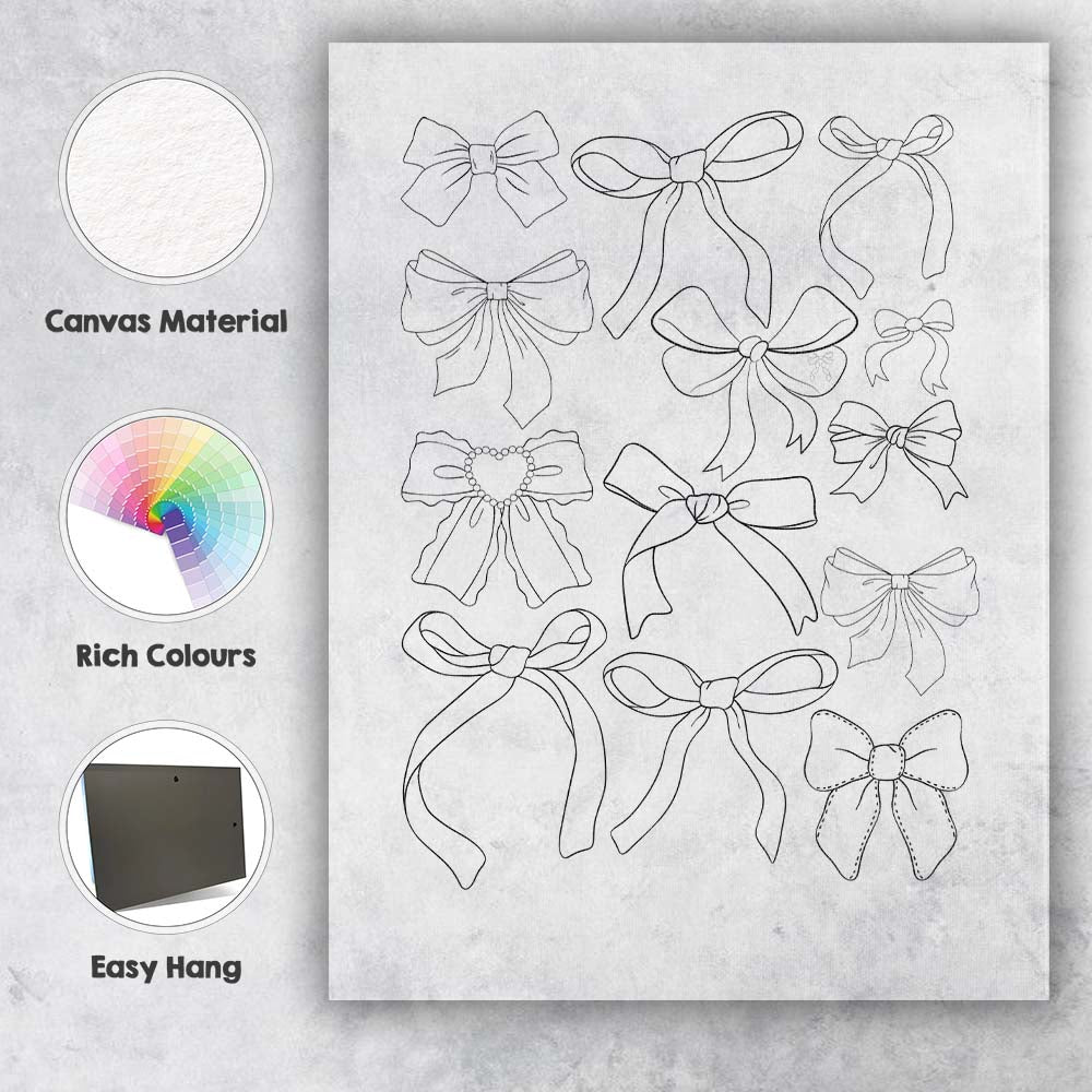 Elegant Ribbon Bow Outline Collection Illustration Canvas Wall Art Print Decor Picture Ready to Hang