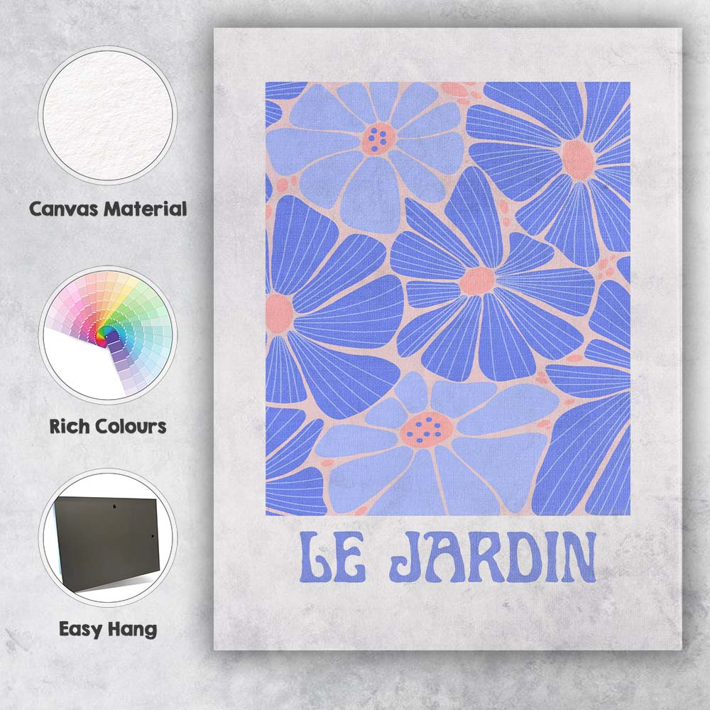 Blue Retro Floral Botanical Garden Illustration Canvas Wall Art Print Decor Picture Ready to Hang