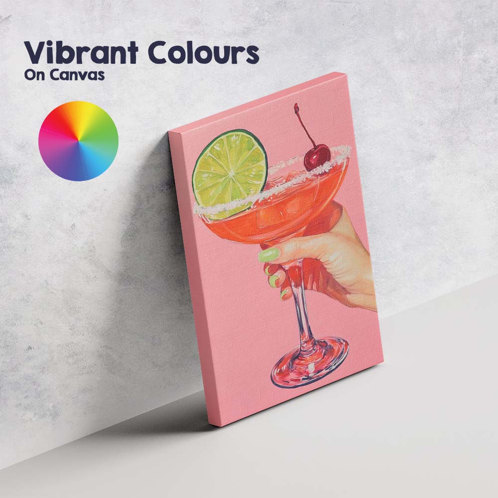 Pink Margarita Cocktail With Lime And Cherry Illustration Canvas Wall Art Print Decor Picture Ready to Hang