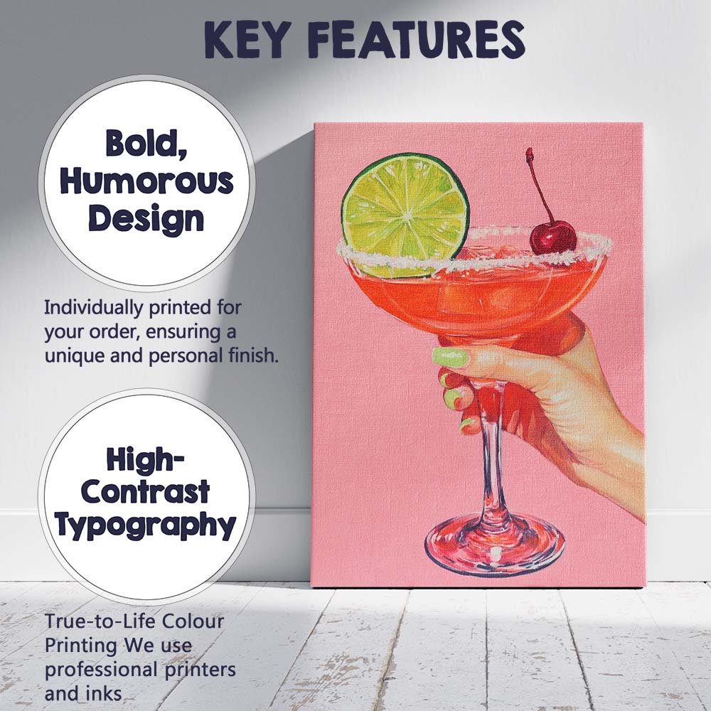 Pink Margarita Cocktail With Lime And Cherry Illustration Canvas Wall Art Print Decor Picture Ready to Hang