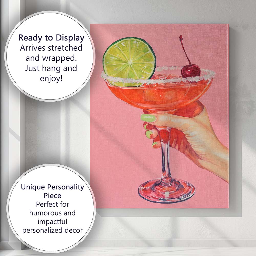 Pink Margarita Cocktail With Lime And Cherry Illustration Canvas Wall Art Print Decor Picture Ready to Hang