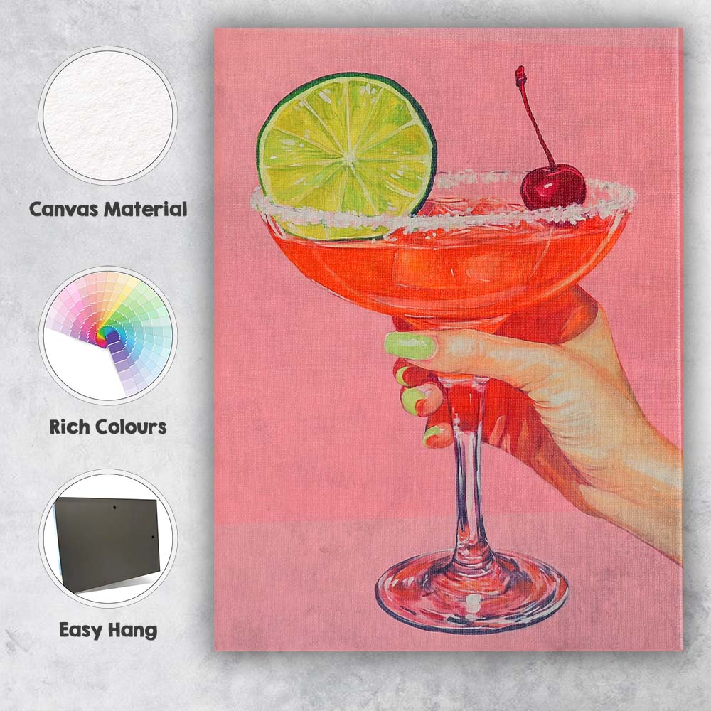 Pink Margarita Cocktail With Lime And Cherry Illustration Canvas Wall Art Print Decor Picture Ready to Hang