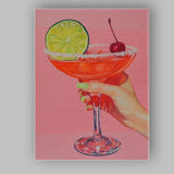 Pink Margarita Cocktail With Lime And Cherry Illustration Canvas Wall Art Print Decor Picture Ready to Hang