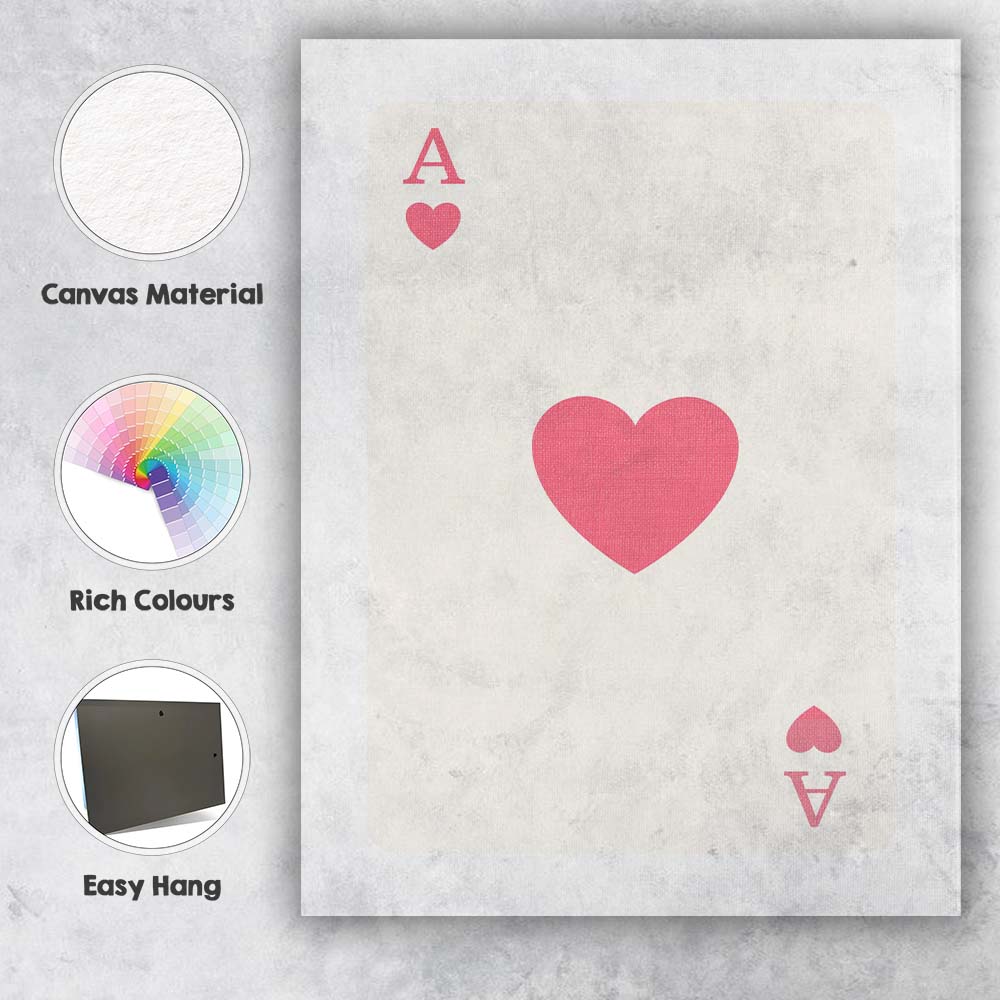 Minimalist Pink Heart Playing Card Ace Illustration Canvas Wall Art Print Decor Picture Ready to Hang