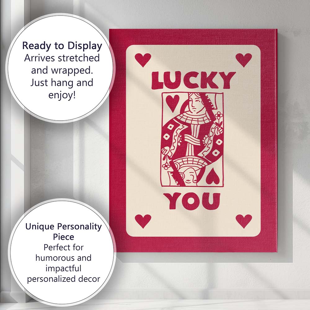 Lucky You Playing Card Love Typography Red Edition Canvas Wall Art Print Decor Picture Ready to Hang