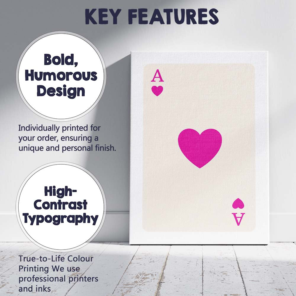 Minimalist Magenta Heart Playing Card Ace Illustration Canvas Wall Art Print Decor Picture Ready to Hang
