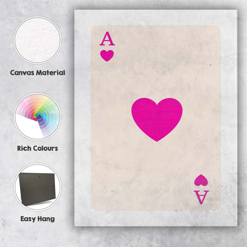 Minimalist Magenta Heart Playing Card Ace Illustration Canvas Wall Art Print Decor Picture Ready to Hang