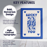 Lucky You Blue Playing Card Queen Typography Illustration Canvas Wall Art Print Decor Picture Ready to Hang